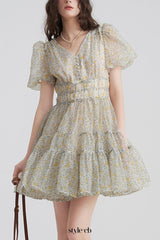 Printed V-neck tutu mini dress in Daisy Yellow