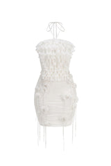 helen Halter Ruched Mesh Floral Mini Dress in white