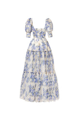 Hydrangea print Voluminous Sleeves maxi Dress in blue