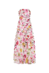 cathy floral print Pleated layer strapless maxi dress in pink