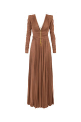meroy Deep V puff sleeve pleated maxi dress in brown