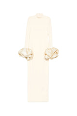 rachel white ruffled crystal-embellished crepe mock-neck gown