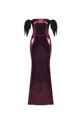 jessie Bow Detail Bardot Sequin Maxi Dress In burgundy