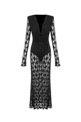 gwendolyn v neck hollow long sleeve lace maxi dress  in black