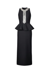 gladys Crystal Embellished Peplum halter Maxi Dress in Black