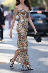 vivien multicolor 3D Butterfly Lace Strapless maxi Dress