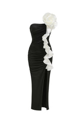 judy One Shoulder Peony Ruffle Gown in black