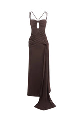 pleated Strappy Draped slit Maxi Dress in brown