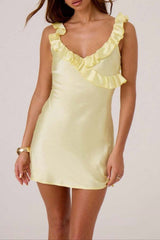 buttercup satin ruffle mini dress in yellow