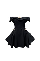 metal detail a-line off-shoulder mini dress in  Black