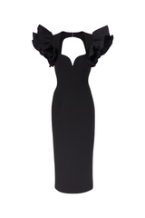blanche ruffle crepe midi dress in black