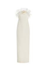 Ruffled Silk strapless Midi Dress in beige