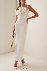 Ruffled Silk strapless Midi Dress in beige