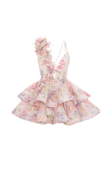helen 3D Flower Chiffon Ruffle Mini Dress in pink