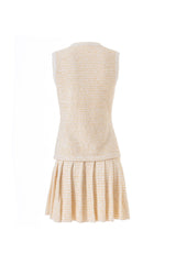 celeste Tweed Button-Front Vest Pleated Skirt Set in apricot