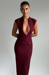 nellie v-neck bodycon midi dress in cherry lacquer