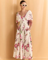 Sonya Pleated Floral Print Maxi Dress in white