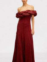 Padded Braided Off-Shoulder Maxi Dress in burgundy