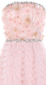 Pink Princess layer ruffle midi floral Embroidery strapless Dress