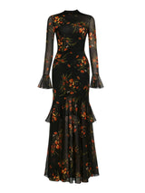 pandora Black Floral Mesh Ruffle Maxi Dress
