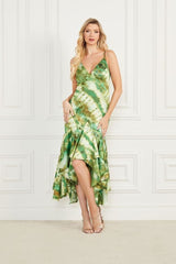 marciano waterfall printed satin midi dress in green