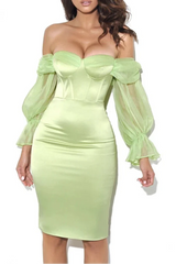 Satin strapless Puff Sleeve mini Dress in mint