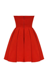 tomato red strapless pleated mini dress