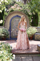 yvonne rhinestone embellished print layer maxi Dress in Peach