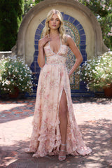 yvonne rhinestone embellished print layer maxi Dress in Peach