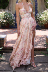 yvonne rhinestone embellished print layer maxi Dress in Peach