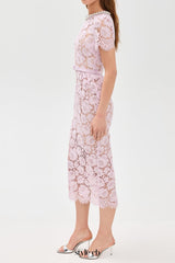 Pink hollow Lace Pearl Midi Dress