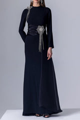 crystal flower Long-sleeve lace pleated maxi dress in blue