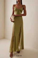 Green Exclusive Lace-Inset Silk Maxi Slip Dress