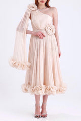 simona one shoulder 3d flower ruffle hem maxi dress in apricot