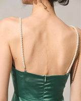 Pearl Strap Satin Mini Dress in green