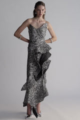 asymmetric ruffled sequined crepe gown in silver