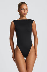 Tori pleated high slit Bodysuit - Black