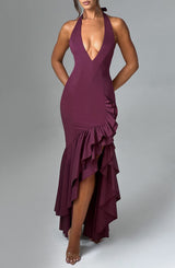 Veronique ruffle hem Maxi Dress in Cherry Lacquer