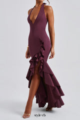 Veronique ruffle hem Maxi Dress in Cherry Lacquer