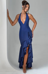 Veronique ruffle hem Maxi Dress in Navy