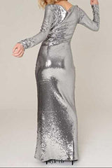 sequin long sleeve cut out maxi dress in silver