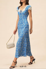 lyuba floral printed Lace-trimmed V-neck maxi dress in blue