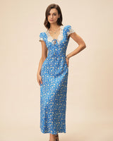 lyuba floral printed Lace-trimmed V-neck maxi dress in blue