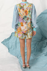 michelle Linen lantern-sleeve shirt shorts set