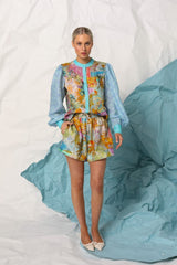 michelle Linen lantern-sleeve shirt shorts set