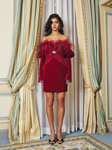 OFF SHOULDER OSTRICH FUR DECORATIVE SLIM-FIT MINI DRESS IN RED styleofcb 