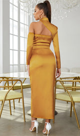 SATIN ONE SHOULDER LONG SLEEVES MAXI DRESS IN PAPAYA SMOOTHIE styleofcb 