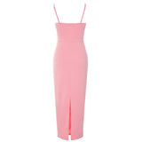 SATIN STRAPY SPLIT MIDI DRESS IN PINK-styleofcb
