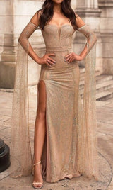 HIGH SPLIT GORGEOUS RHINESTONE DROP SLEEVE DRESS IN CHAMPAGNE styleofcb 