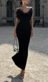 FEATHER BODYCON MAXI DRESS IN BLACK Dresses styleofcb 